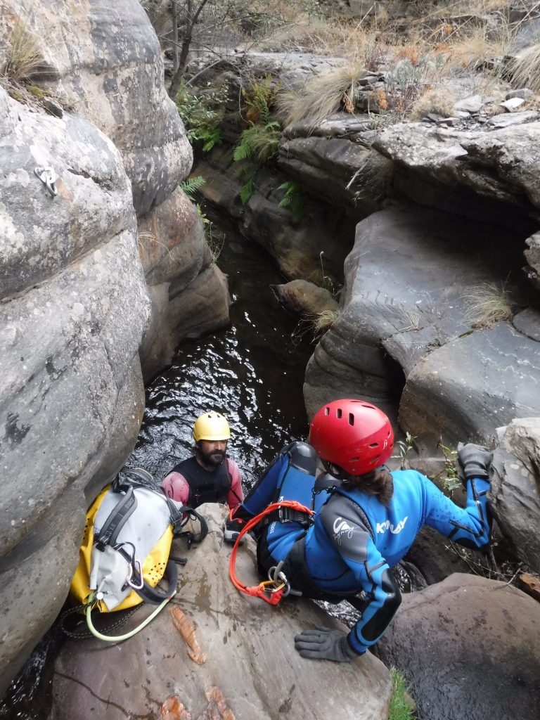 Monitor ayudando a bajar barranco en un rio